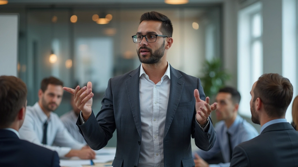 Zelfverzekerde professional presenteert voor gemengd publiek, open lichaamstaal, oogcontact met het publiek, moderne presentatieomgeving