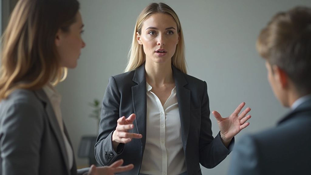 Professional vrouw stelt grens in respectvol gesprek, zelfverzekerde houding, rustige uitdrukking, kantoor setting
