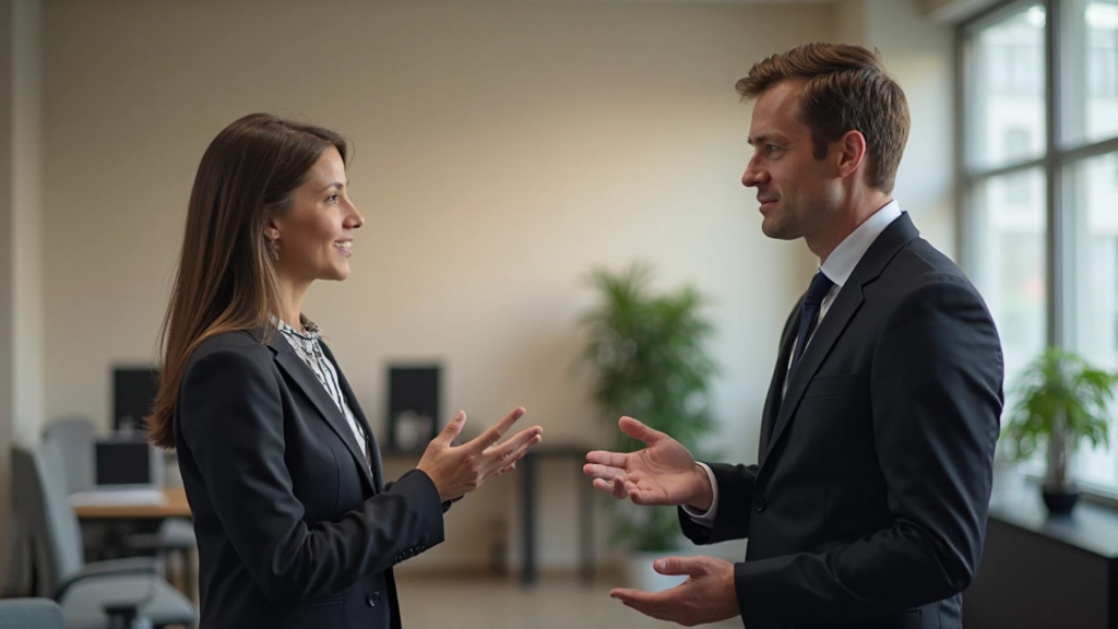 Professionele vrouw die zelfverzekerd en assertief in gesprek is met collega, beide anatomisch correct met twee handen zichtbaar, ernstige communicatie, kantooromgeving