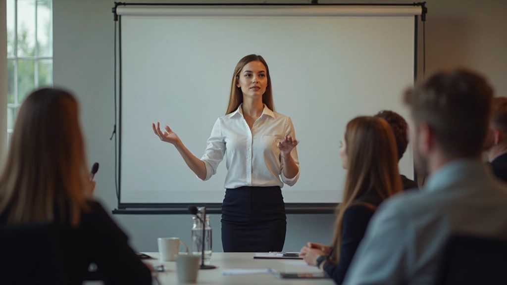 Vrouwelijke professional geeft presentatie voor zakelijk publiek in moderne vergaderruimte, twee anatomisch correcte personen zichtbaar, een spreker met twee handen en één hoofd, professionele houding