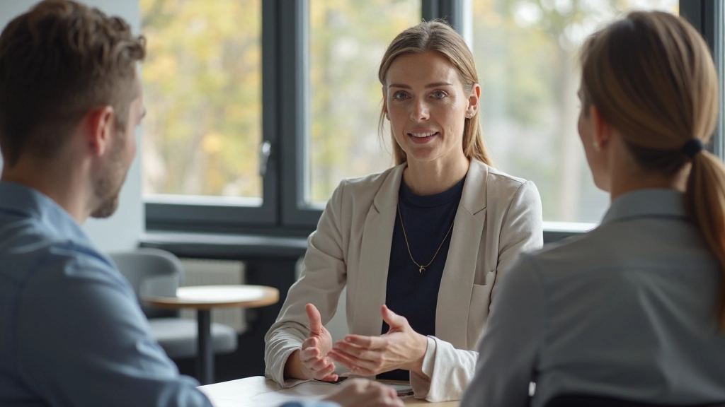 Professionele vrouw die aandachtig luistert naar collega in kantooromgeving, twee anatomisch correcte personen met twee handen zichtbaar, ernstige luisterhouding, warm kantoorlicht, natuurlijke communicatie