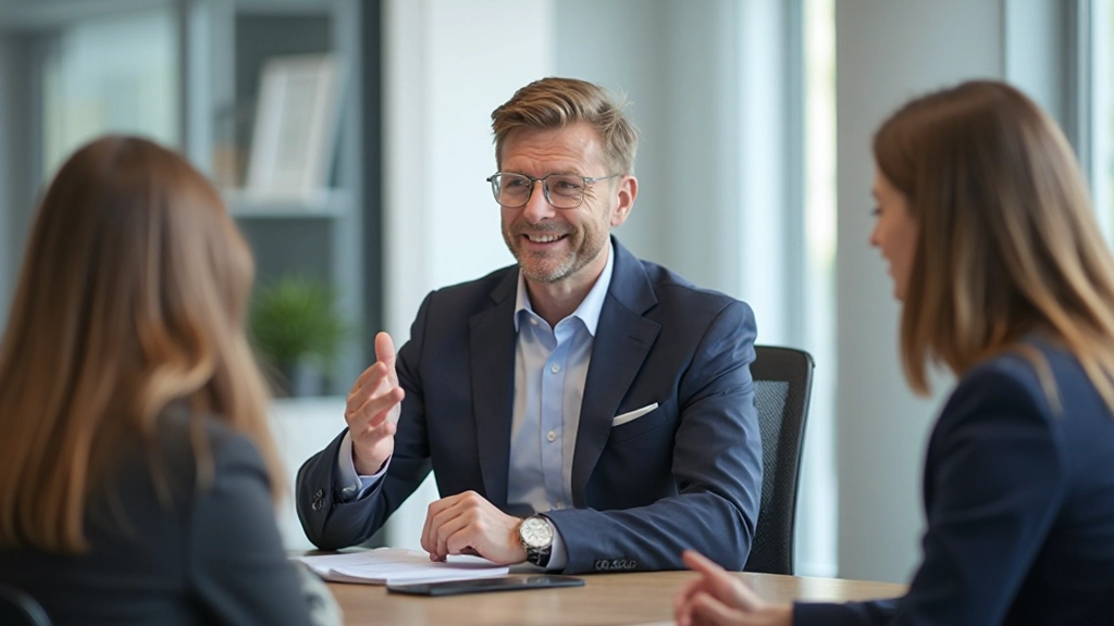Zelfverzekerde professional die zich uitdrukt in teammeeting, twee handen zichtbaar, assertieve houding, moderne conferentieomgeving, professionele lighting