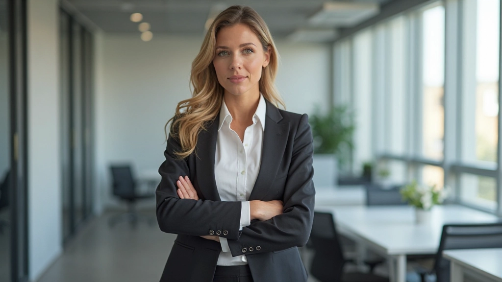 Professionele vrouw met zelfverzekerde houding in moderne kantooromgeving