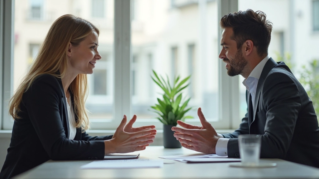 Professionele man en vrouw voeren constructief gesprek in modern kantoor met open lichaamstaal