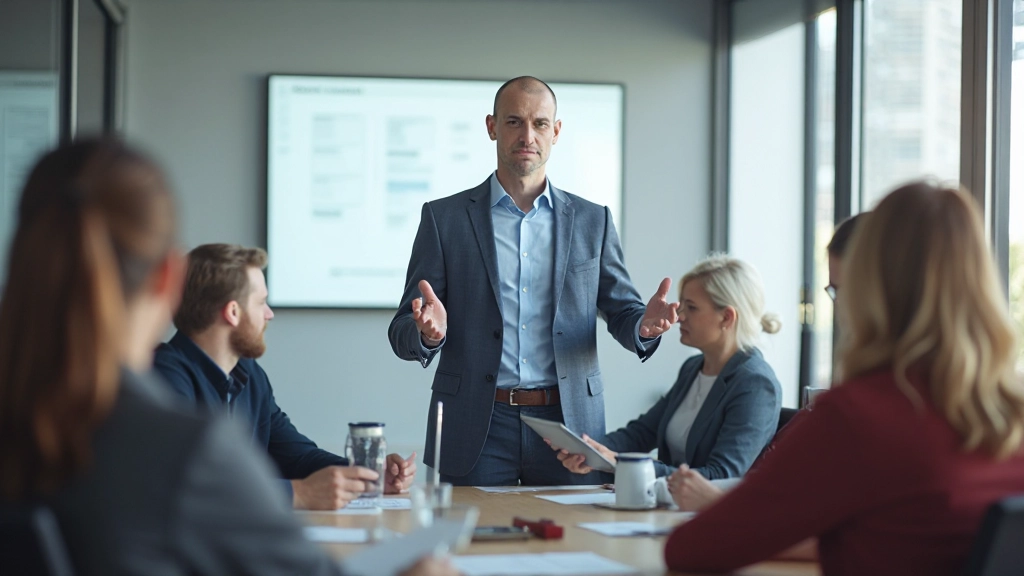 Man geeft presentatie aan team in conferentieruimte met duidelijke communicatie