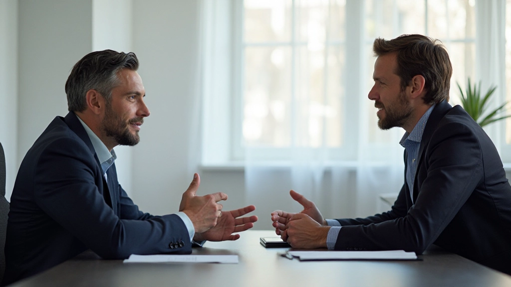 Twee professionele mannen in ernstig gesprek in vergaderruimte, beide anatomisch correct met twee handen zichtbaar, luisterhouding, moderne kantooromgeving, natuurlijk daglicht, samenwerking en begrip uitdrukkend