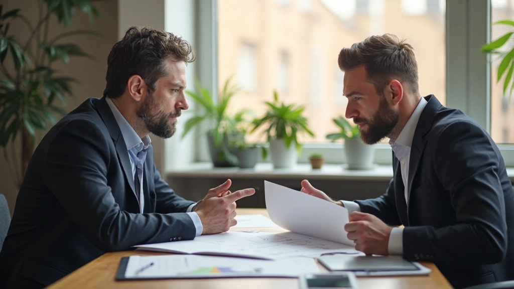 Twee professionele mannen in onderhandelingsoverleg over tafel met documenten, beide anatomisch correct met twee handen zichtbaar, professioneel kantoor met natuurlijk licht