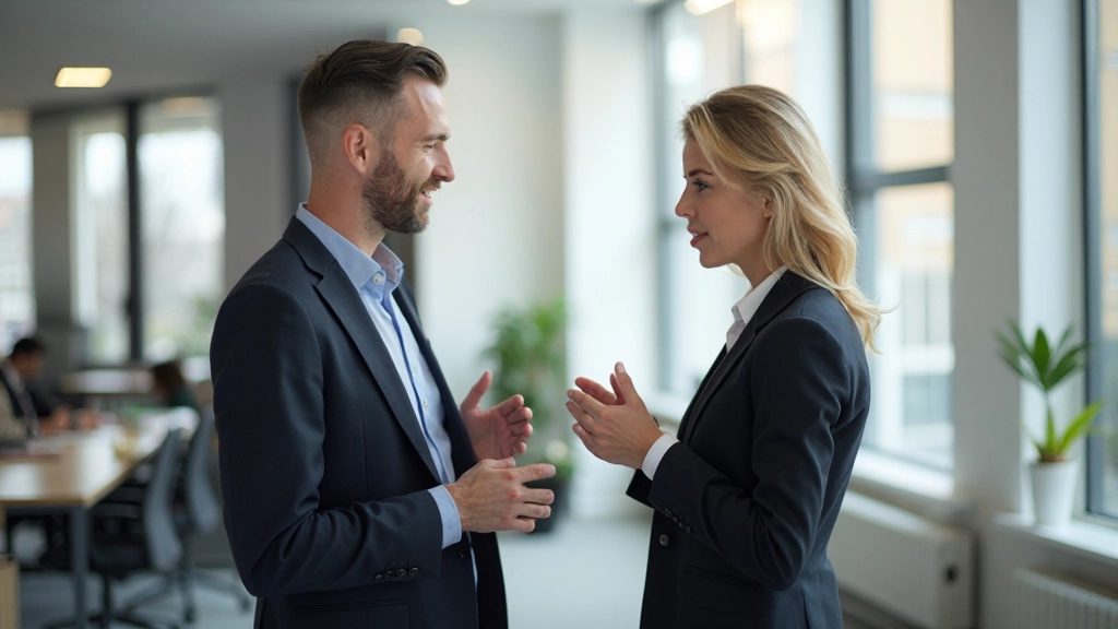 Twee professionele volwassenen in gesprek in modern kantoor, beide met twee handen zichtbaar, attente lichaamstaal, natuurlijk daglicht, schone werkplek