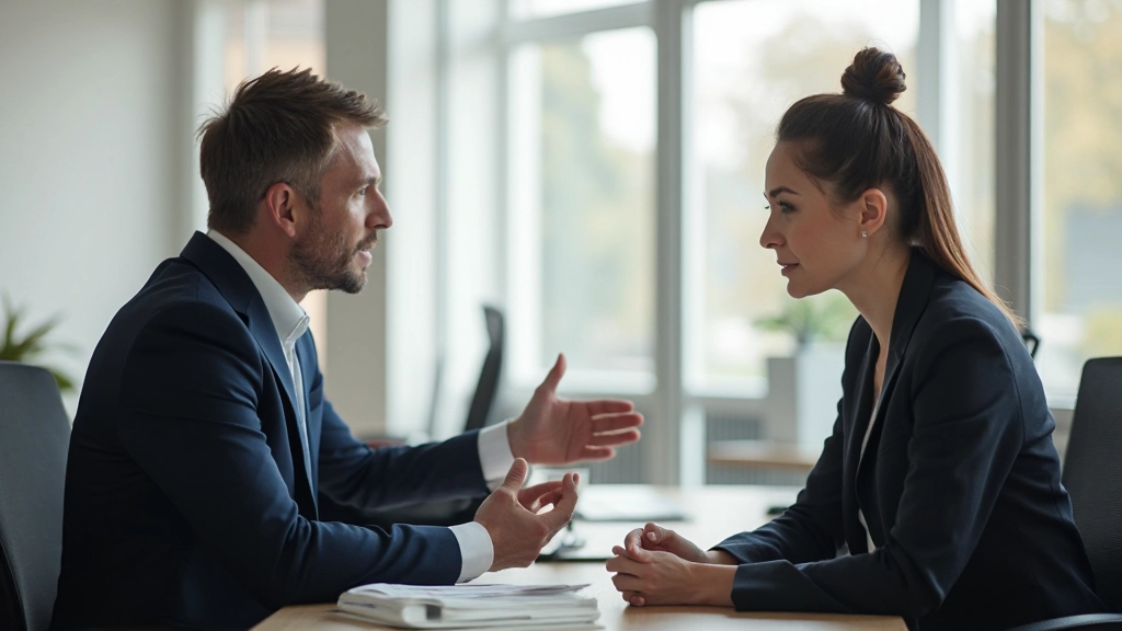 Twee professionals in onderhandelingsgesprek met documenten, beide zichtbaar met twee handen, concentratie en onderhandeling, professioneel kantooromgeving