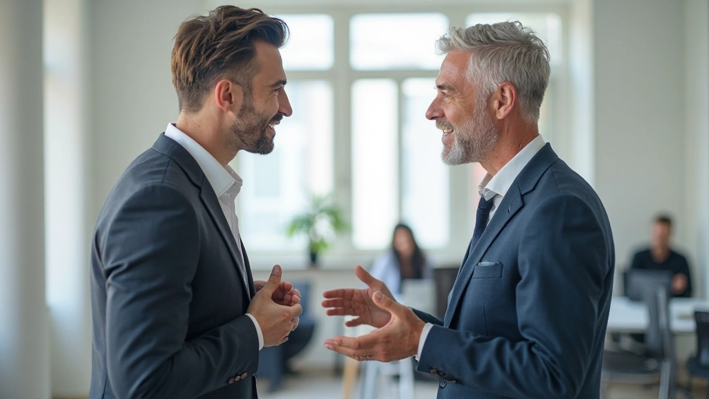 Twee professionele mannen voeren constructief gesprek met open lichaamstaal
