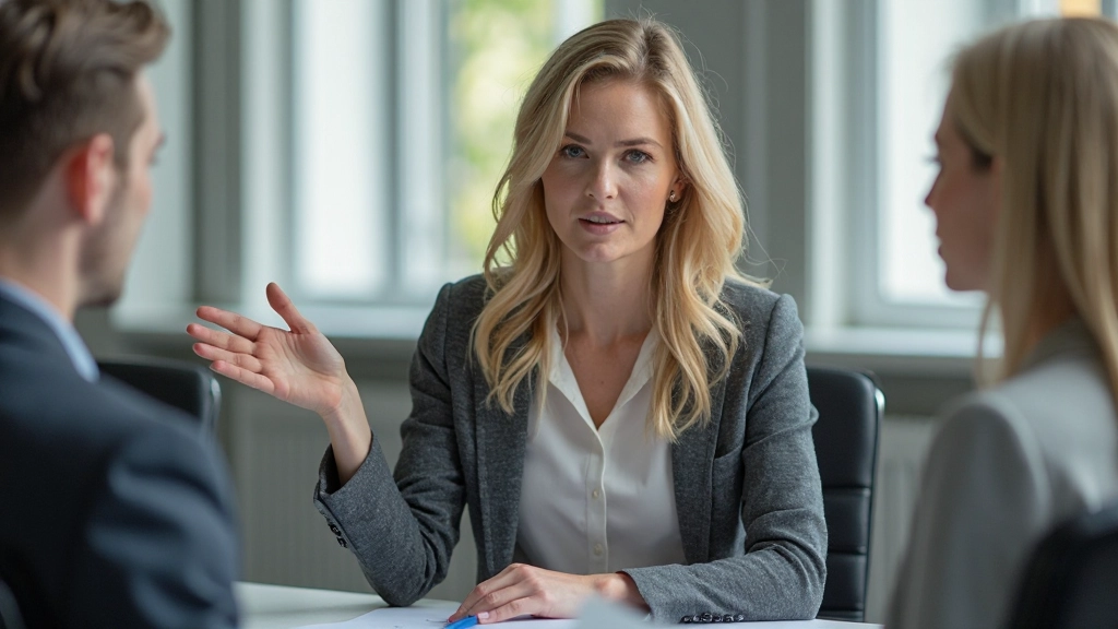 Professionele vrouw die assertief haar standpunt uiteenzet in zakelijk gesprek aan kantoor