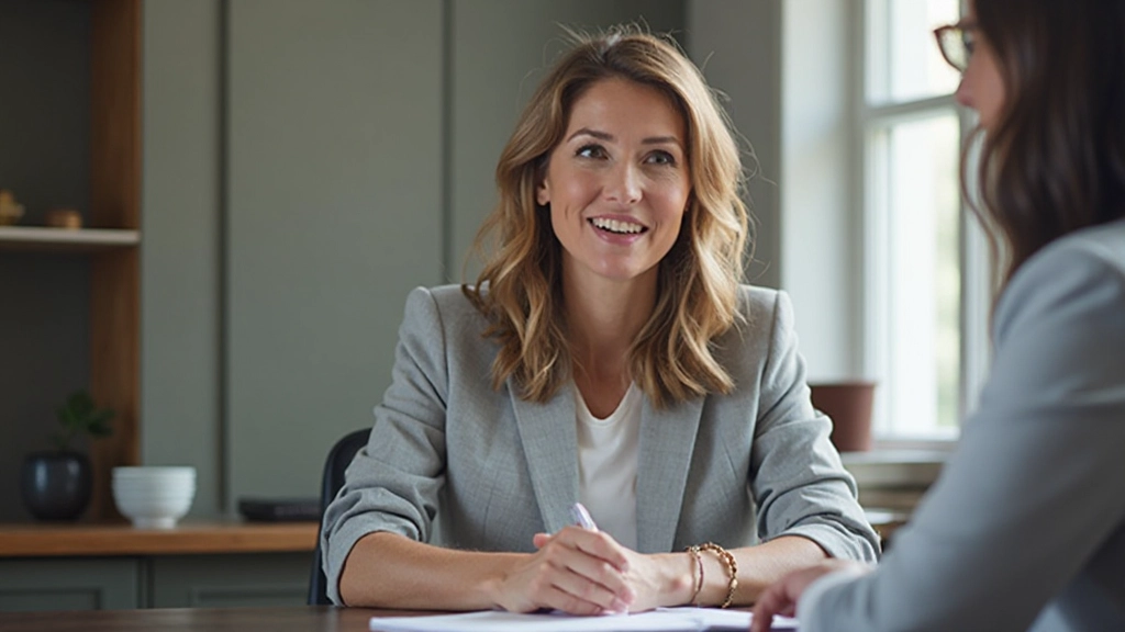 Professionele vrouw die luistert en aantekeningen maakt tijdens gesprek